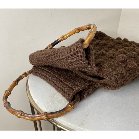 Handmade Crochet Chunky Knit Boho Brown Hand Bag 70s Grannycore Bamboo Handles - Picture 10 of 10